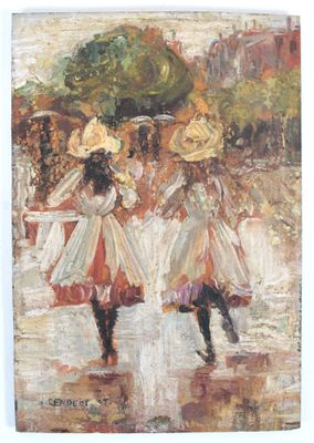 tableau représentant deux femmes marchant sous la pluie avec des parapluies