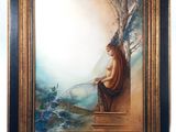 an oil painting of a woman sitting on a ledge by the water