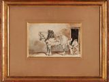 une image représentant un tableau où l'on voit un homme et un cheval dans une écurie