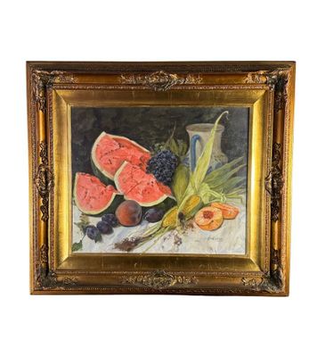 tableau représentant une nature morte composée d'une pastèque, de prunes et d'autres fruits