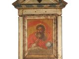 un vieux tableau représentant un homme avec une croix sur fond blanc