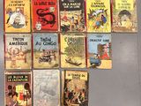 Plusieurs livres sont alignés sur une table devant un mur.