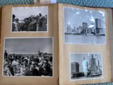 several black and white photos of a group of people sitting on a bed