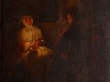 un vieux tableau représentant un homme et une femme assis dans une pièce sombre
