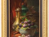 an oil painting of a still life of fruit and a vase