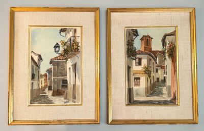two paintings of a street with buildings and a clock on a wall