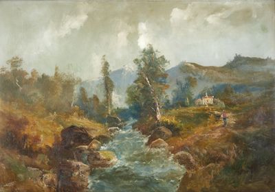 une peinture à l'huile représentant un ruisseau traversant un champ verdoyant