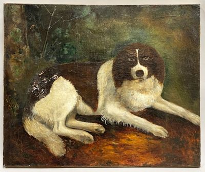 painting of a brown and white dog laying on top of a wooden table