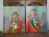 tableau représentant deux clowns avec un miroir et une bouteille de vin