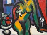 une peinture à l'huile représentant une femme assise sur une table, avec un bol de fruits devant elle