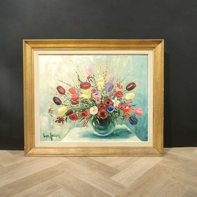 painting of a vase of flowers on a table with a black background