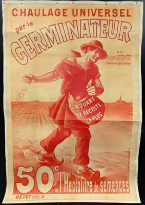 french vintage poster of a man in a hat and trench coat holding a sign