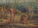 a painting of a group of people standing in a field