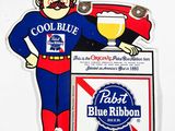 a sticker of a man holding a beer and a can