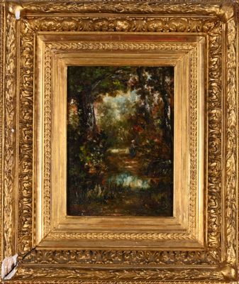 un tableau représentant un paysage boisé avec des arbres et un ruisseau
