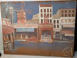 un tableau représentant une scène de rue avec un moulin à vent en arrière-plan