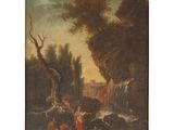 a painting of a landscape with a waterfall and figures in the foreground