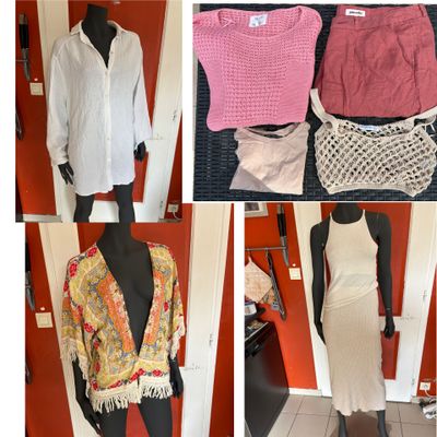 four different pictures of a woman ' s clothing displayed on a mannequin