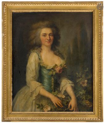un tableau représentant une femme en robe verte tenant des fleurs