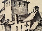 a black and white drawing of a building with a clock tower
