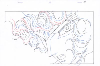 drawing of a woman ' s face with long wavy hair