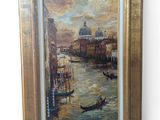 une peinture à l'huile représentant une scène d'un canal de Venise avec une gondole et des bateaux-gondoles