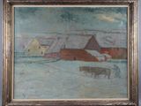 painting of a farm scene with a cow in the foreground and a barn in the background