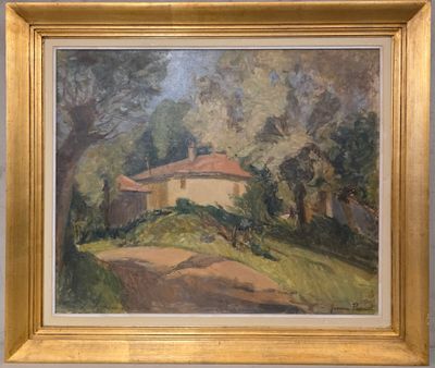 une peinture à l'huile représentant une maison sur une colline avec des arbres en arrière-plan