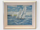 a painting of sailboats sailing in the ocean