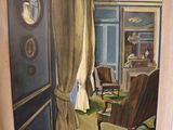 a painting of a room with a chair and a table