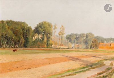 un tableau représentant un champ avec une vache dessus