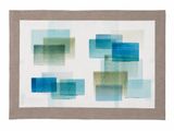 a painting of blue and green squares on a white background