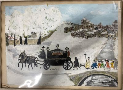a painting of a horse drawn carriage on a snowy road