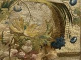 an image of a close up of a painting of a bird and flowers