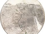 an image of a silver coin with a map of the middle east