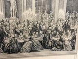 a drawing of a large group of people gathered around a table