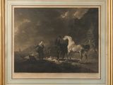 tableau représentant un homme et un cheval dans un paysage, avec un chien