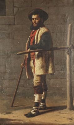 tableau représentant un homme tenant une batte de baseball, debout devant un mur de briques