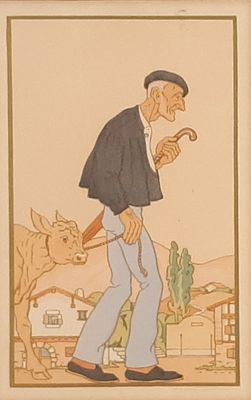 painting of a man with a pipe and a cow in the background