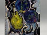 peinture représentant une poire bleue et jaune sur un fond noir et blanc