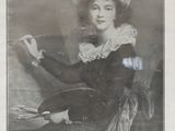 an old black and white photo of a woman holding a brush and a palette