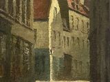 painting of a street scene with buildings and a person walking down the street