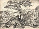 an engraving of a landscape with a tree and a man on horseback