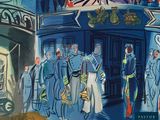 a painting of a group of people standing in front of a building