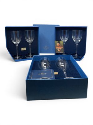 two empty wine glasses in a blue box with a picture of a woman