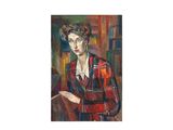 tableau représentant une femme vêtue d'une veste rouge et noire