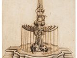 a drawing of a fountain with a statue on top of it