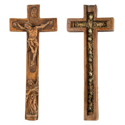 two wooden crosses with jesus on the cross and jesus on the cross