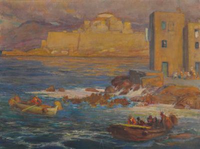 peinture d'un groupe de personnes dans un bateau sur un plan d'eau
