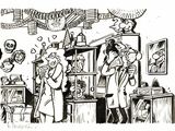 cartoon drawing of a man and woman in a store with a baby